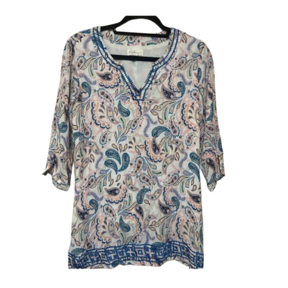 Magnolia Grace EUC paisley floral split neck embroidered tunic blouse size S